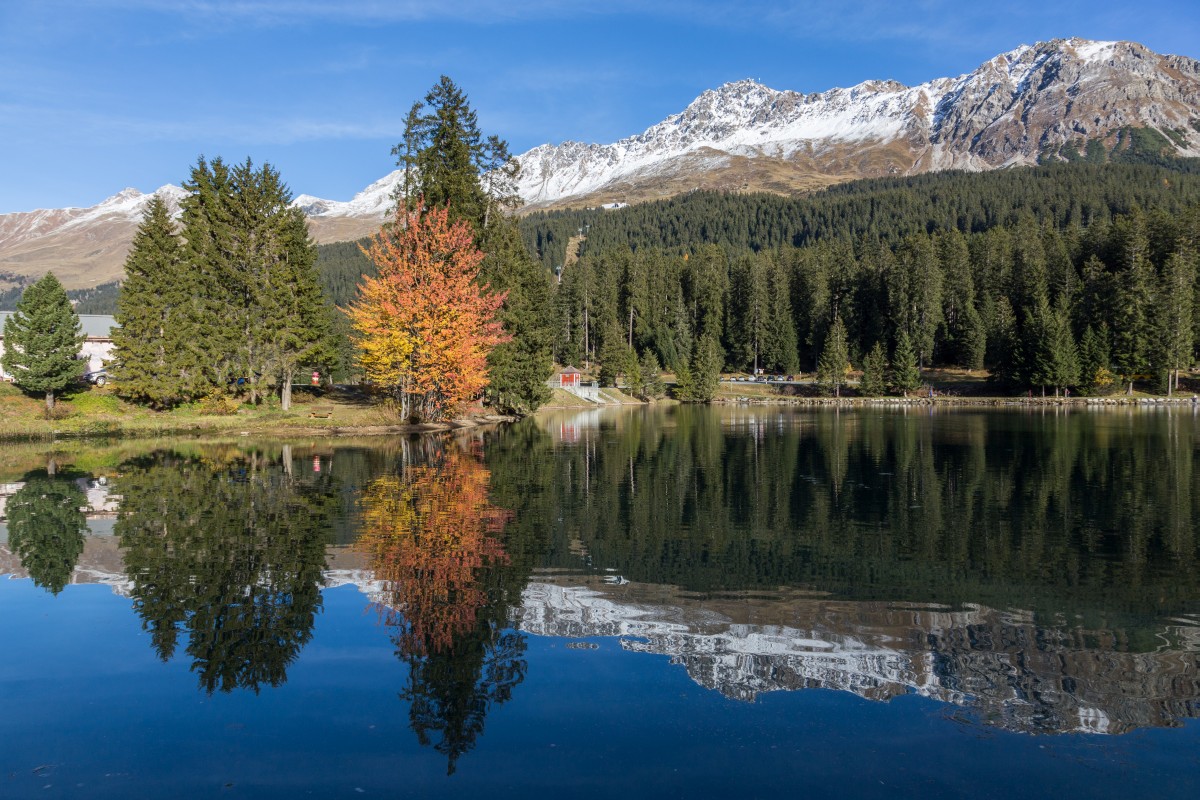 Herbst am Heidsee auf der Lenzerheide mit Parpaner Rothorn