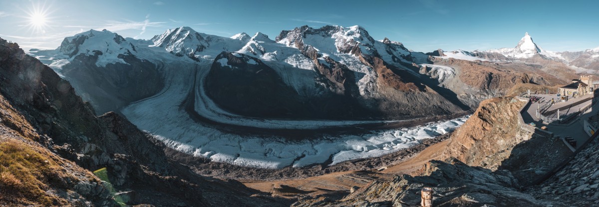 Panorama vom Gornergrat auf den Gornergletscher mit Monte Rosa, Breithorn und Matterhorn