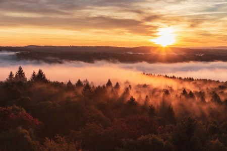 Sonnenaufgang am Schwarzenbergturm in Saarbrücken