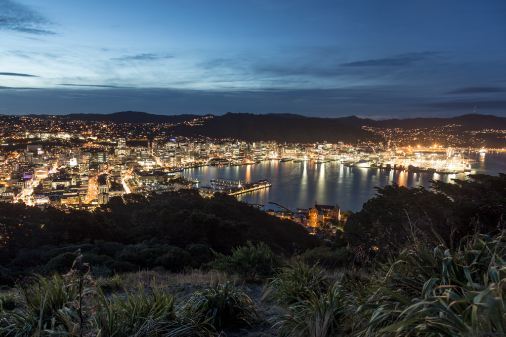 Aussicht vom Mount Victoria auf Wellington zur blauen Stunde
