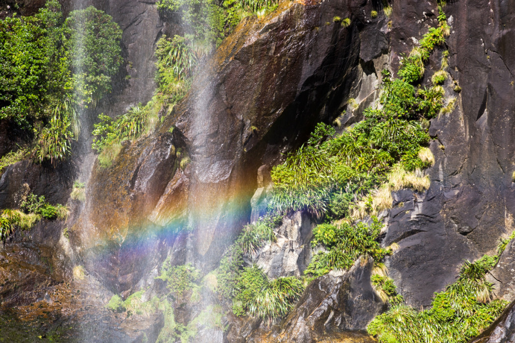 Regenbogen unter einem der Wasserfälle im Milford Sound