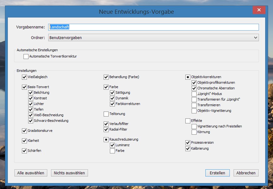 Lightroom Benutzervorgaben
